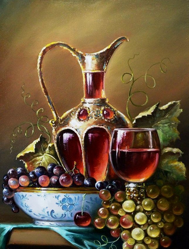 Натюрморт с виноградом 2 - натюрморт, графин, виноград - оригинал
