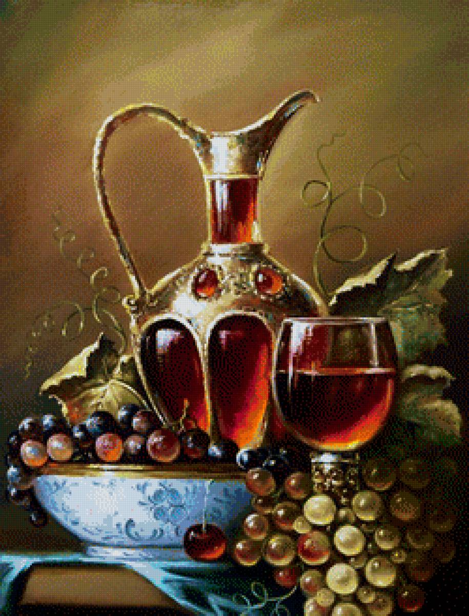 Натюрморт с виноградом 2 - графин, натюрморт, виноград - предпросмотр