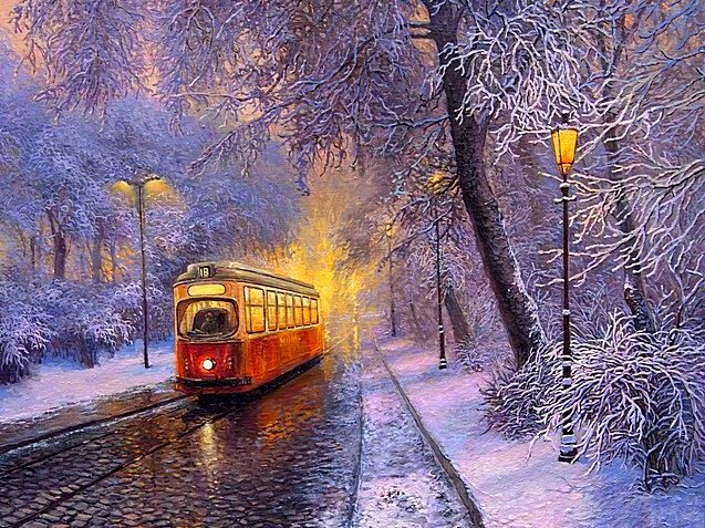ночной трамвай - зима, природа, картина, пейзаж - оригинал