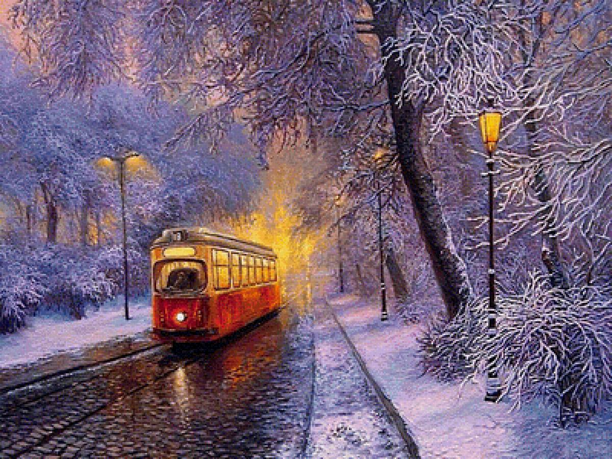 ночной трамвай - природа, пейзаж, зима, картина - предпросмотр