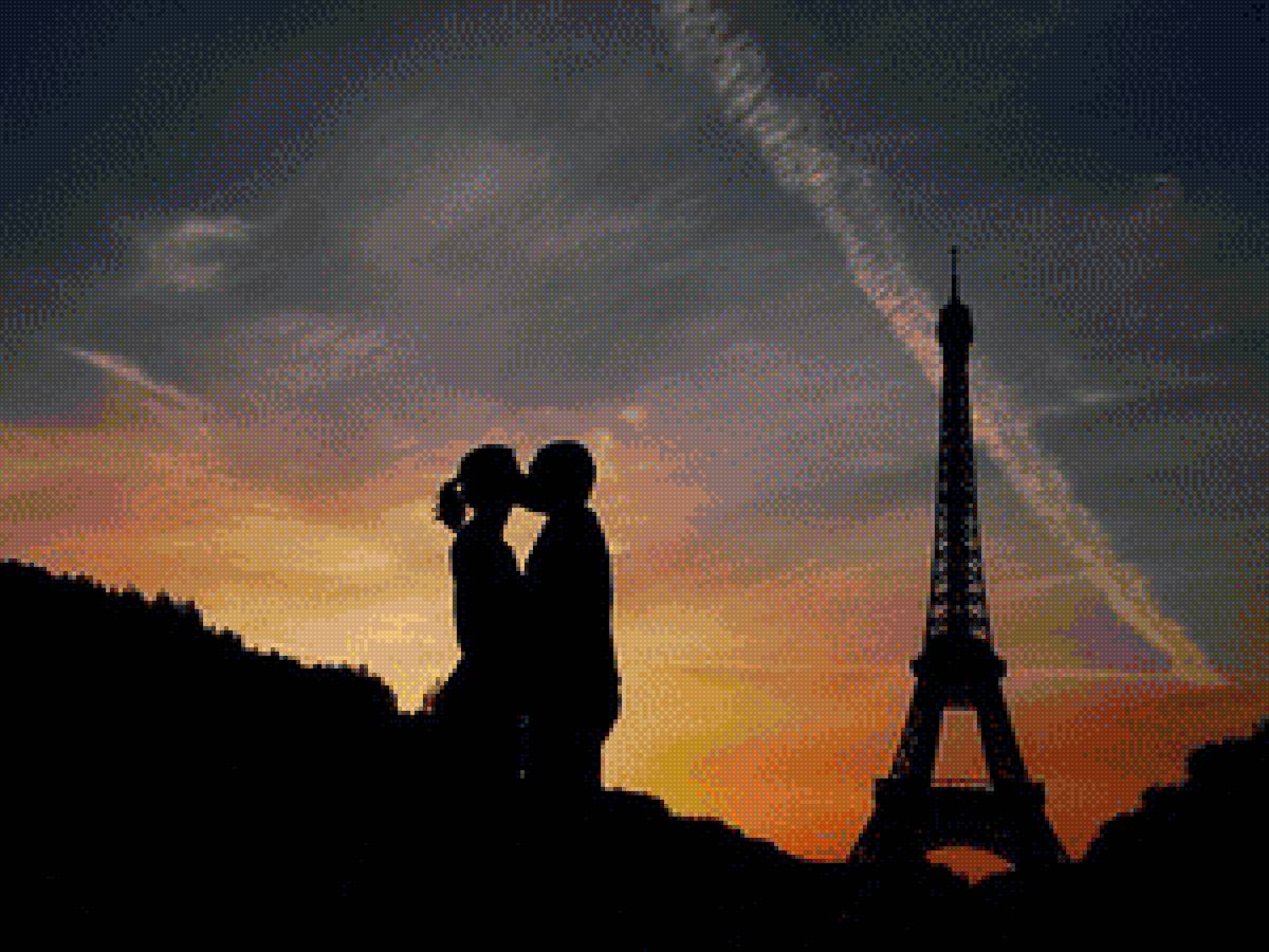 Закат - двое, силуэт, париж, романтика, пара, закат, любовь, влюбленные - предпросмотр