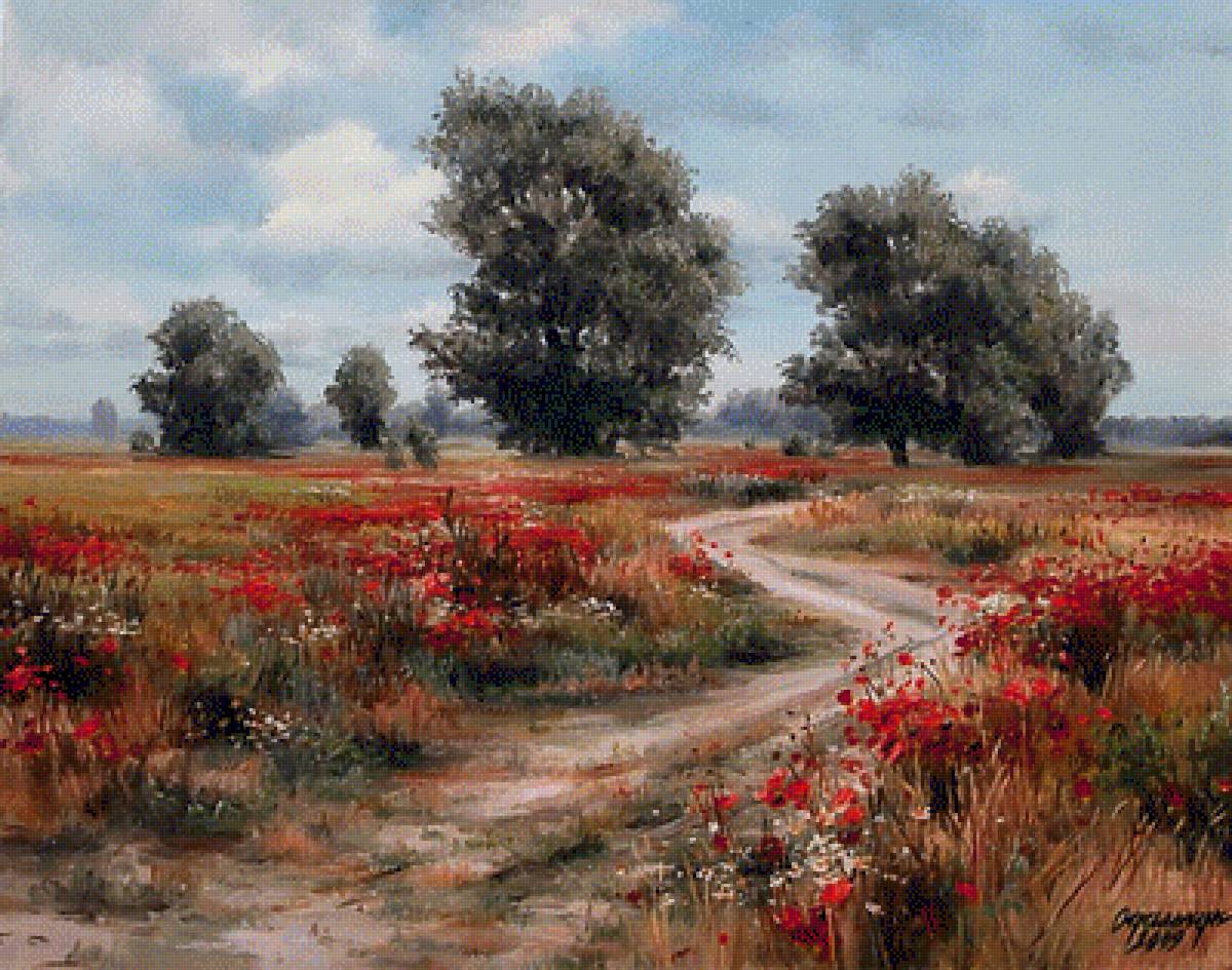 картина Ольги Одальчук - лес, маки, тропинка, поле, лето, ромашки - предпросмотр