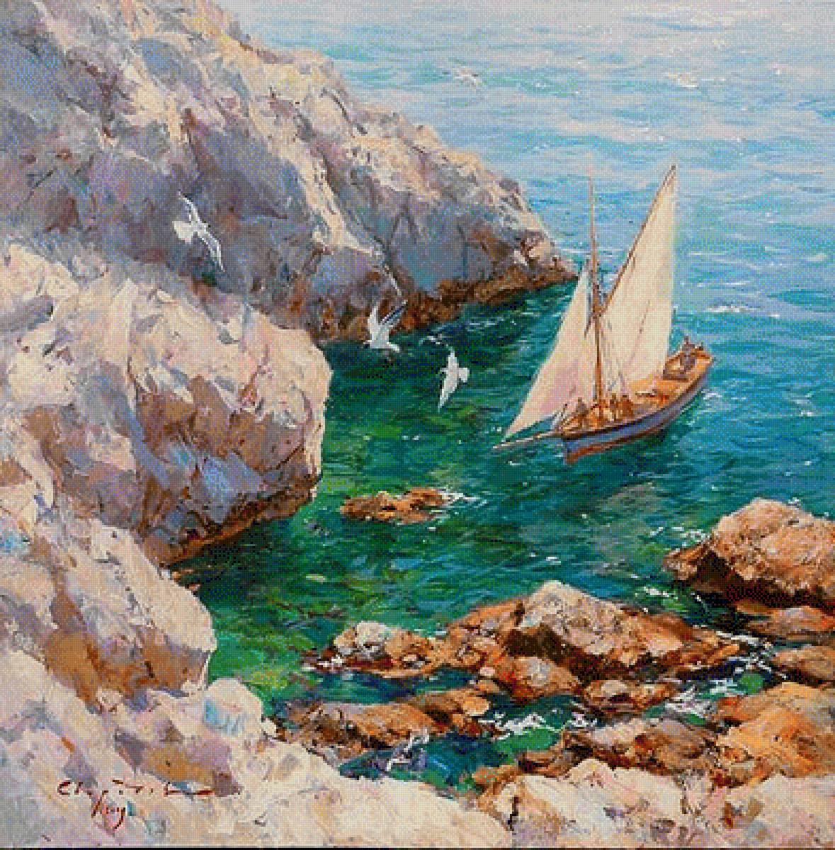 море - горы, парусник, лето, чайки, море - предпросмотр