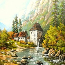 Схема вышивки «мельница в горах»