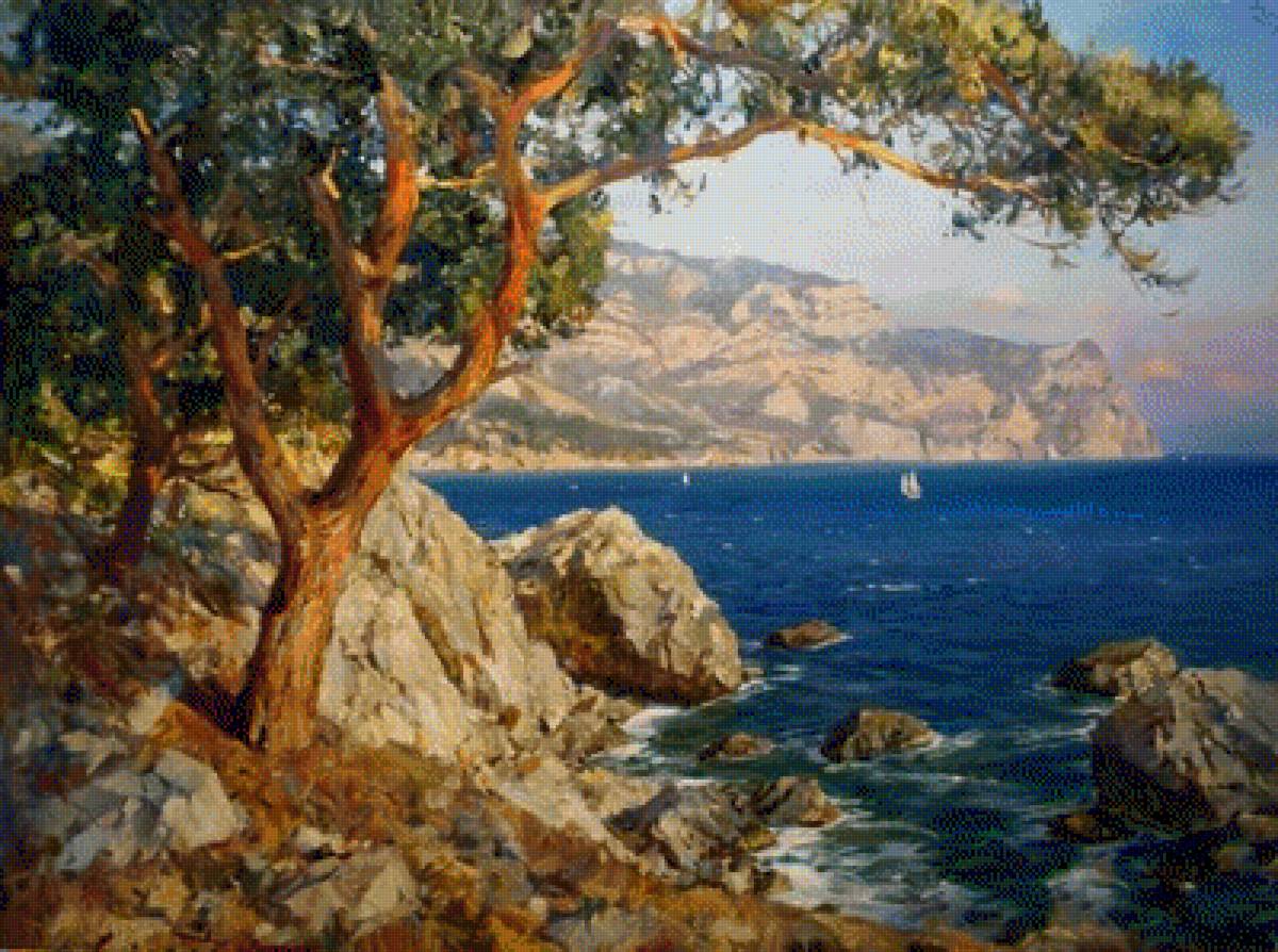 Крым - море, чайка, дерево, лето, картина, горы - предпросмотр