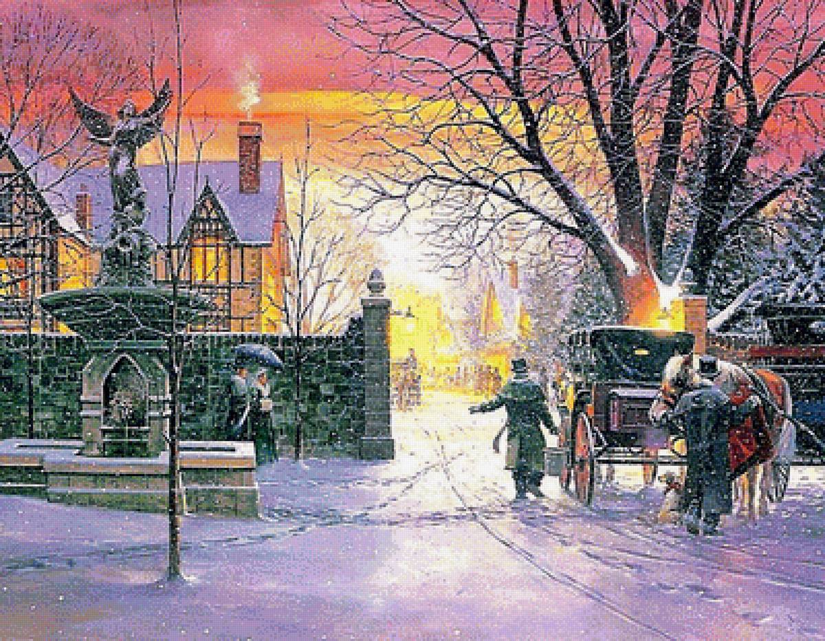 зимний закат - живопись, картина, зима, снег - предпросмотр