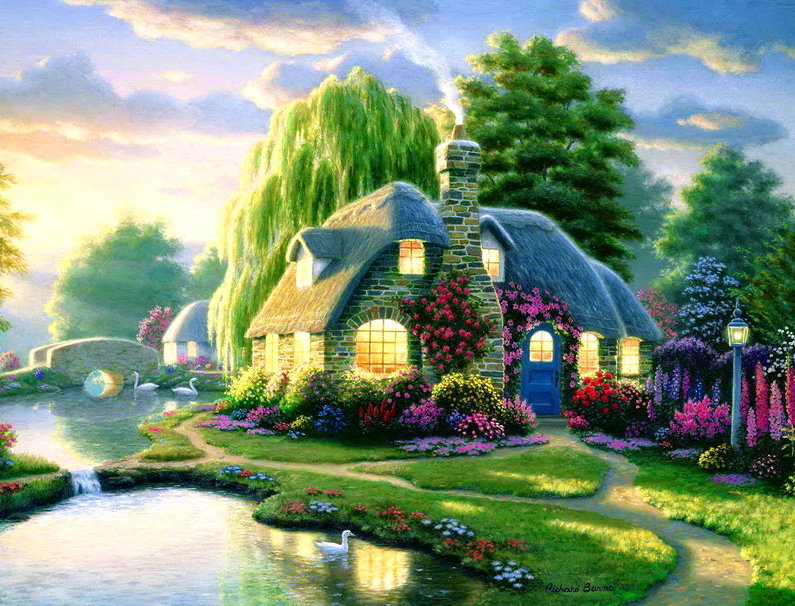 домик у реки - дом, природа, домики, вода, пейзаж - оригинал