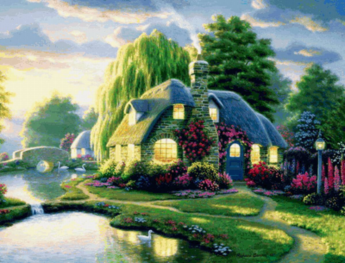 домик у реки - природа, пейзаж, домики, дом, вода - предпросмотр