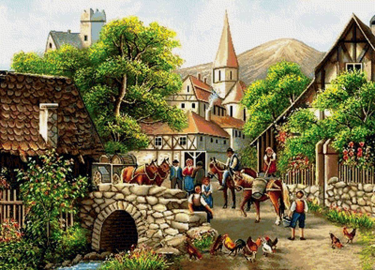 в городке - живопись, город, картина, люди, пейзаж, лето - предпросмотр