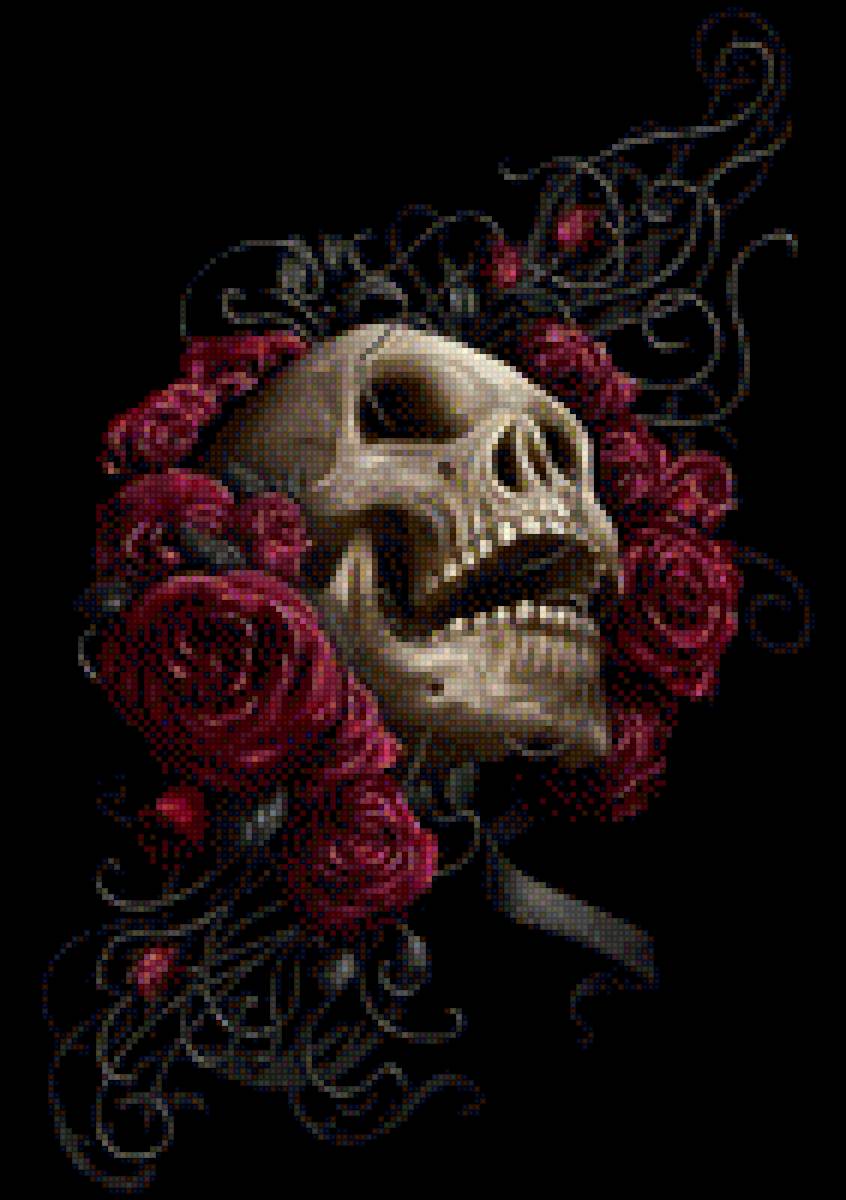 Череп и розы - череп, готика, темный фон, розы - предпросмотр