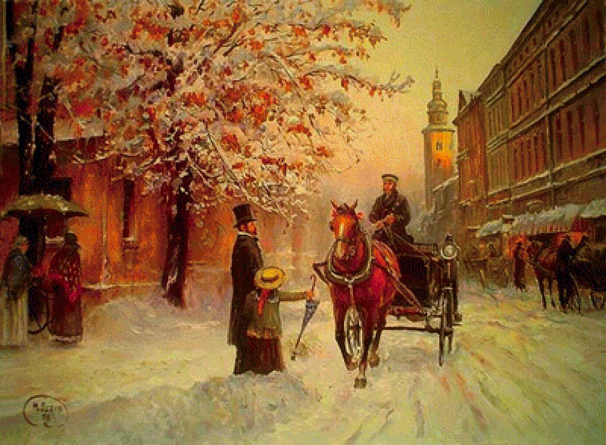 зимний экипаж - картина, люди, живопись, зима - предпросмотр