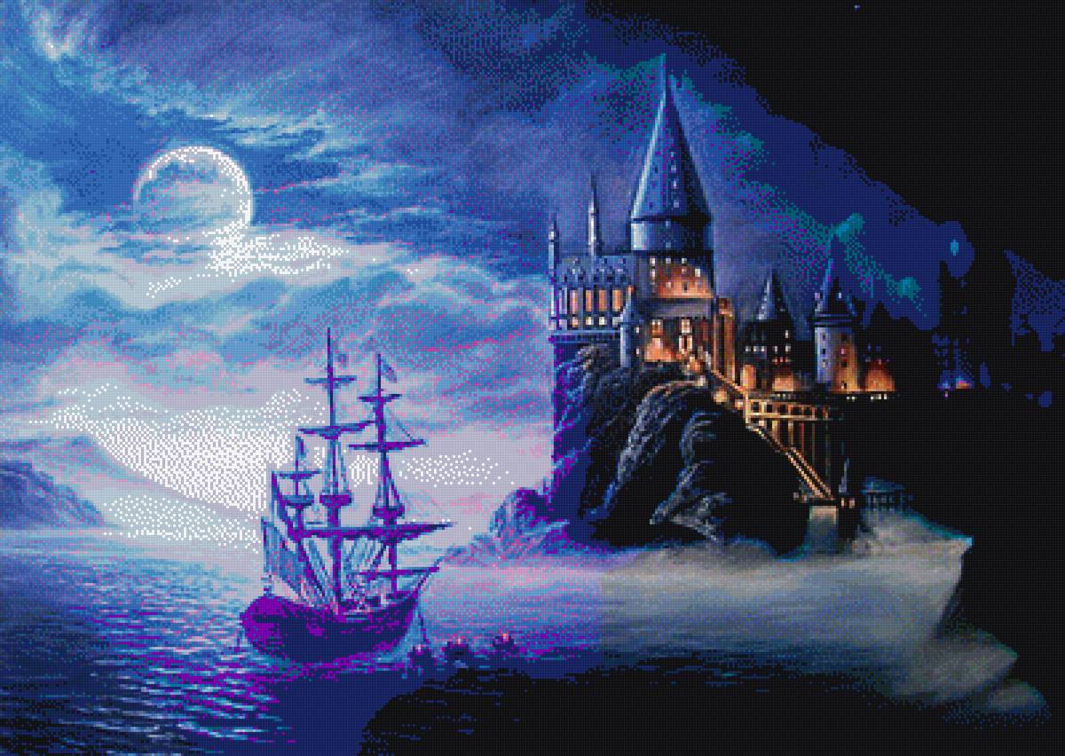 Замок Хогвадс - море, корабль, ночь, замок, хогвардс - предпросмотр