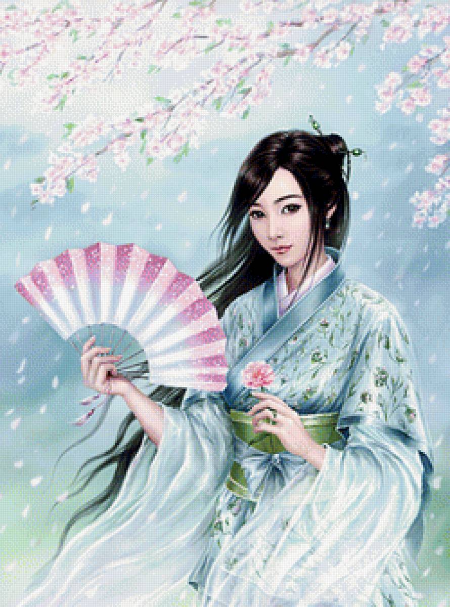 Япония и сакура - япония в цвету, японская девушка, девушка с веером, сакура - предпросмотр