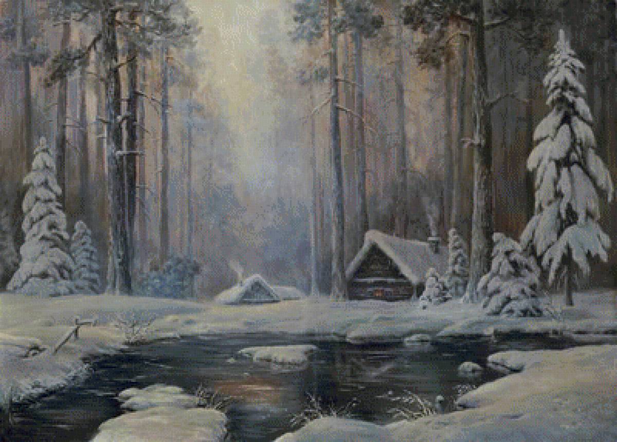 Зимний вечер по картине С.Побытова - лес, снег, зима, домик - предпросмотр