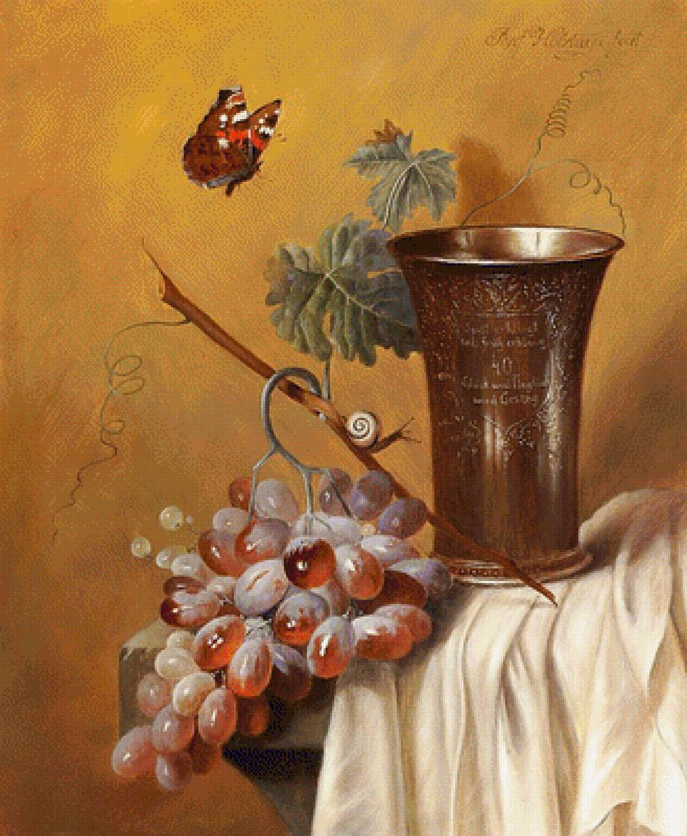 худ. Йозеф Хольстейн. Натюрморт с кубком. - живопись., виноград. натюрморт, кубок - предпросмотр