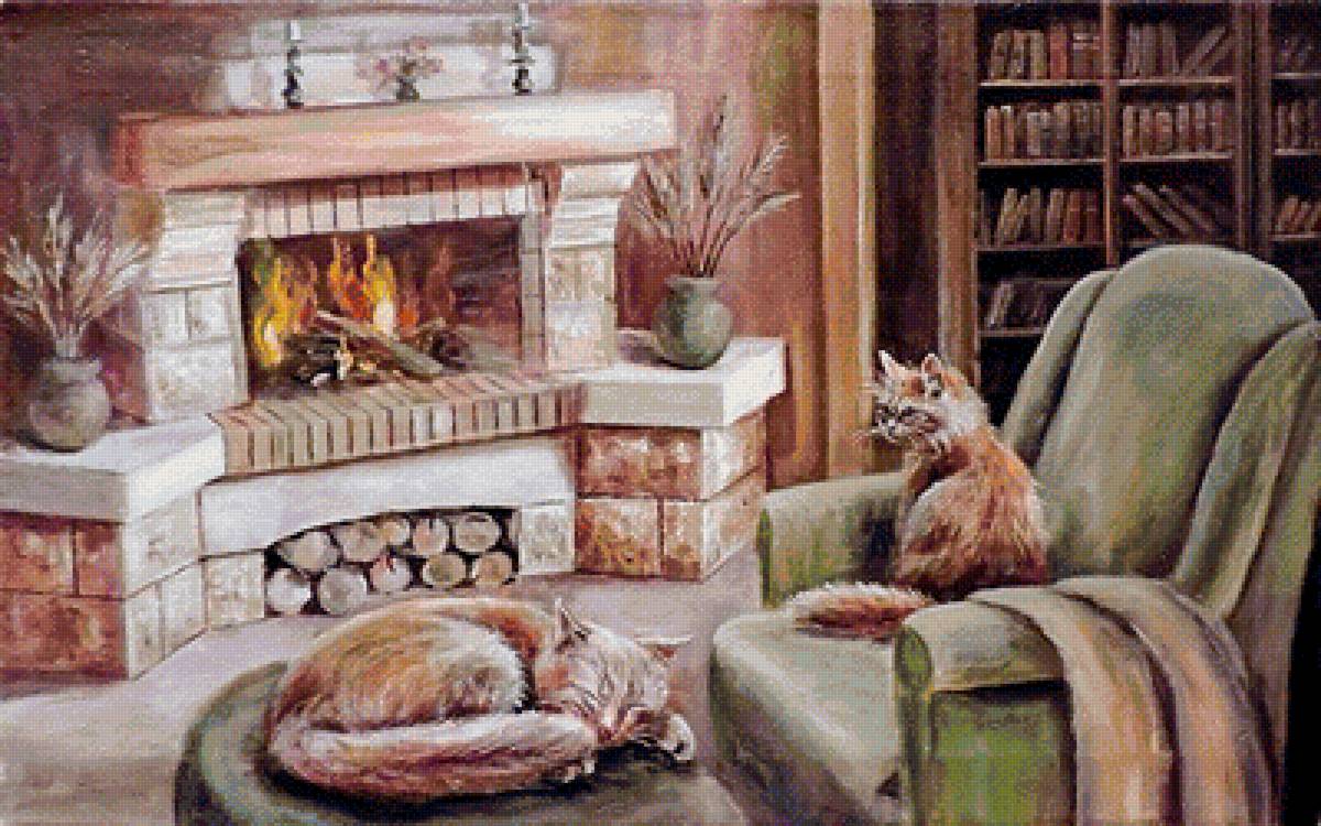 Кошки у камина - комната, камин, кошки - предпросмотр