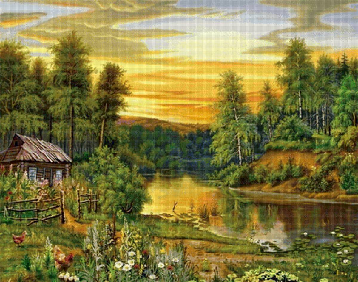 Домик у реки - река, картина, пейзаж, природа - предпросмотр