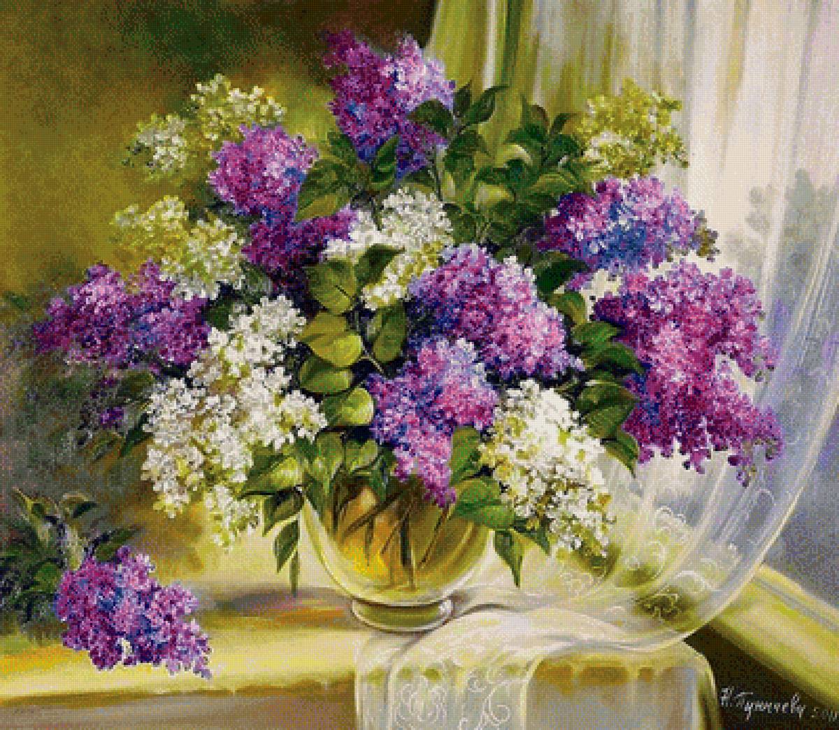 Сирень на окне. - живопись, сирень, окно, пуничев, букет, ваза, цветы, картина - предпросмотр