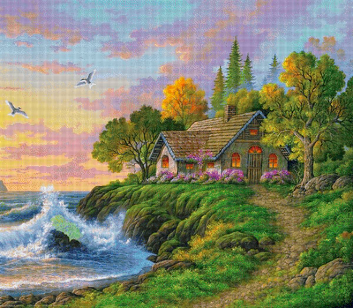 домик у моря - природа, живопись, пейзаж - предпросмотр