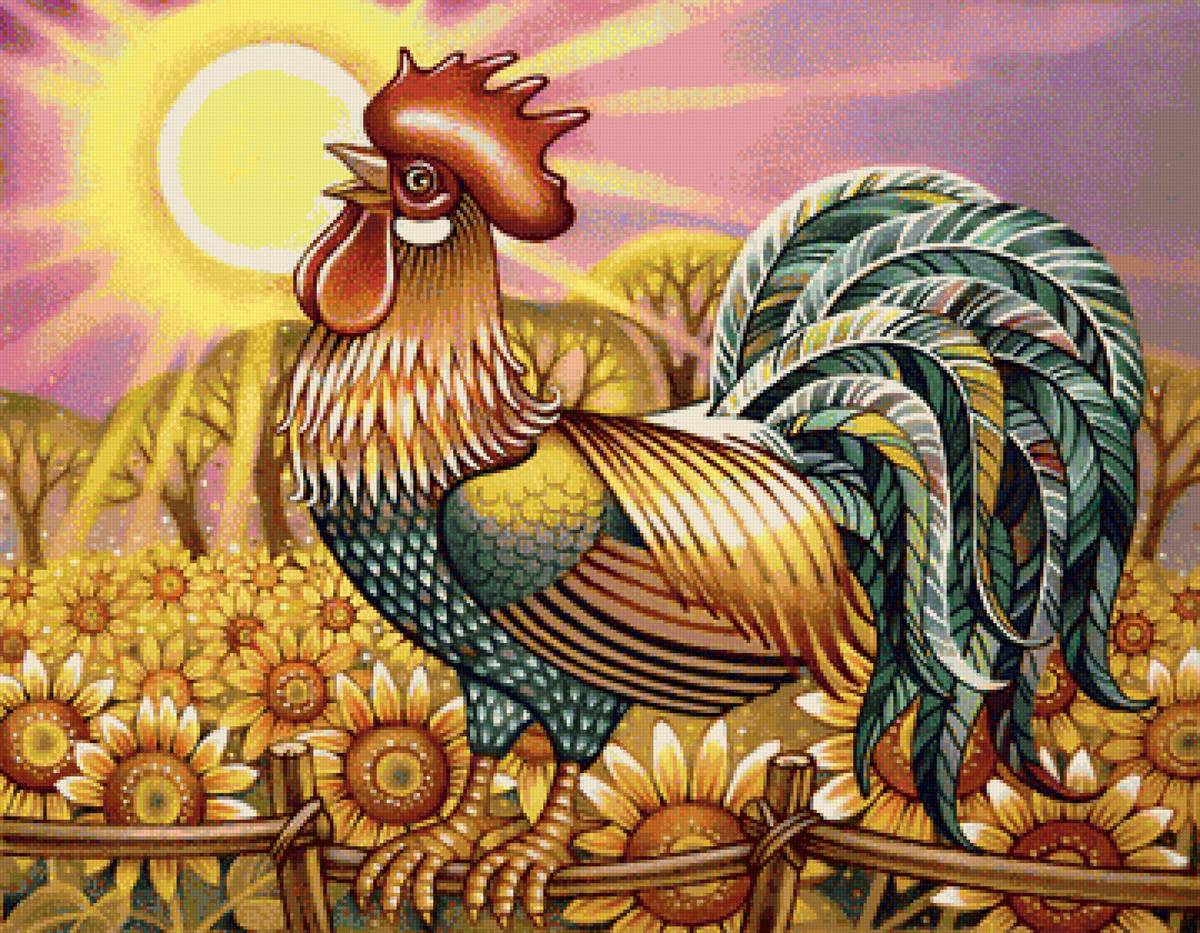 Золотой петушок - детская тема, солнце, петушок, подсолнухи - предпросмотр