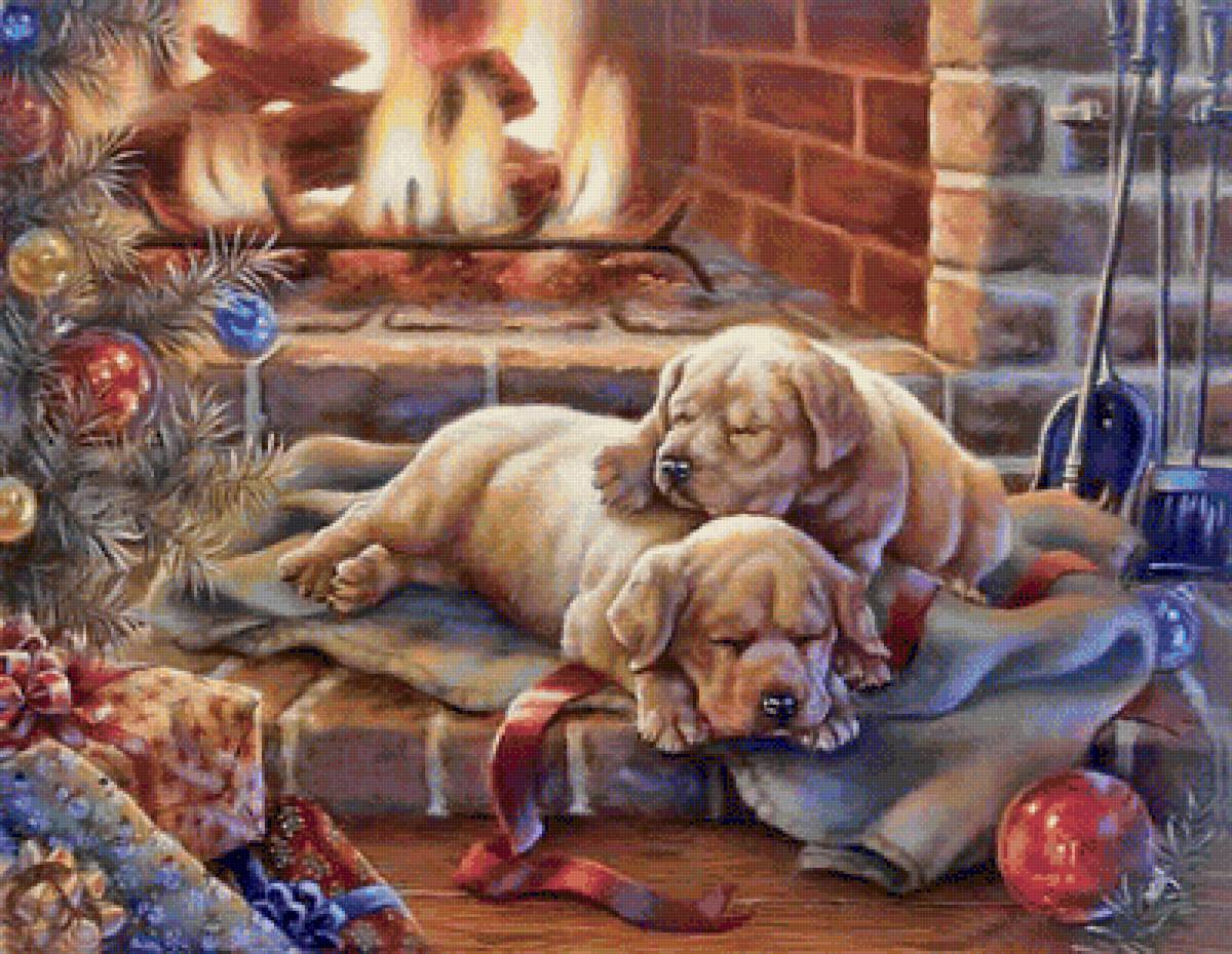 щенки у камина с елкой - новый год, собаки, елка, щенки, камин - предпросмотр