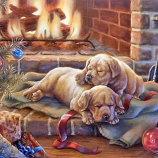 Схема вышивки «щенки у камина с елкой»