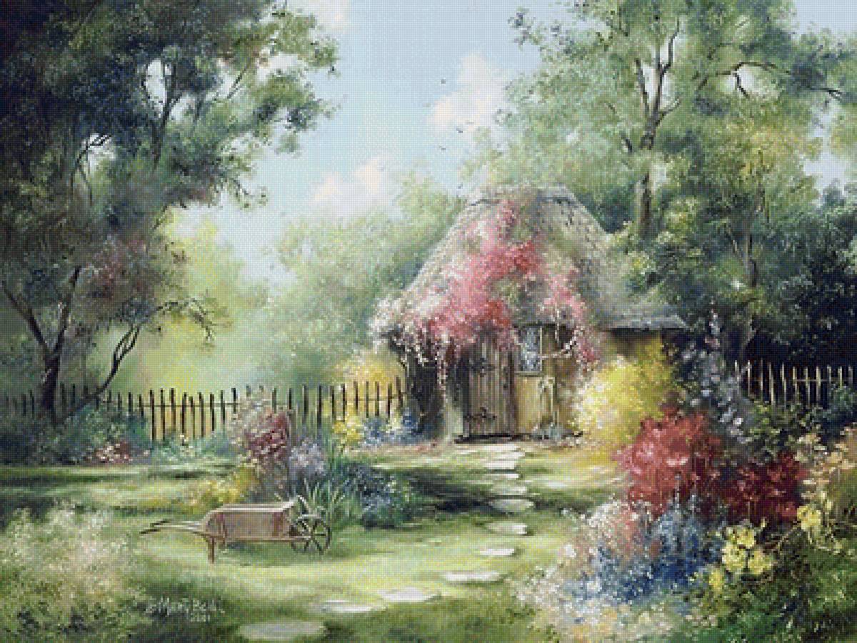 Домик - пейзаж, дом, цветы, вода - предпросмотр