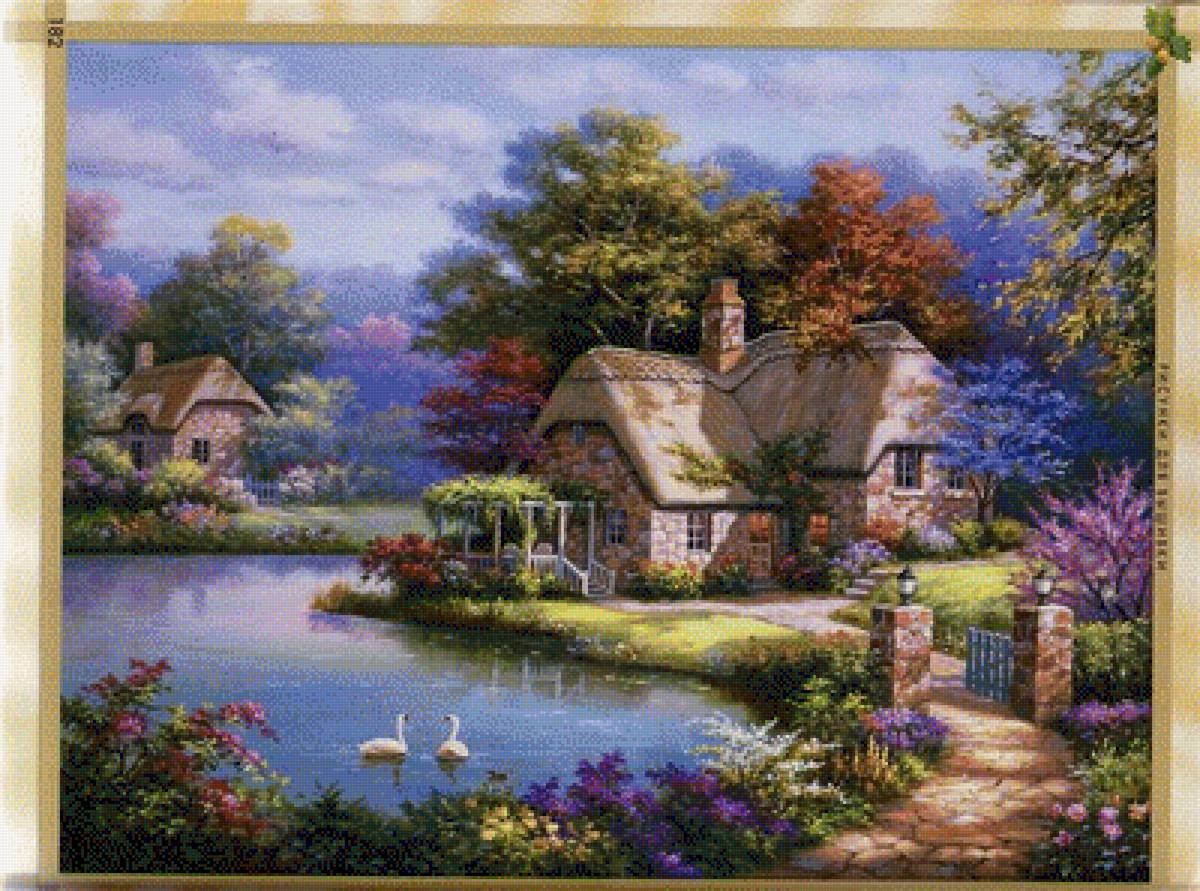 Сельский пруд - пруд, лебеди, домики - предпросмотр