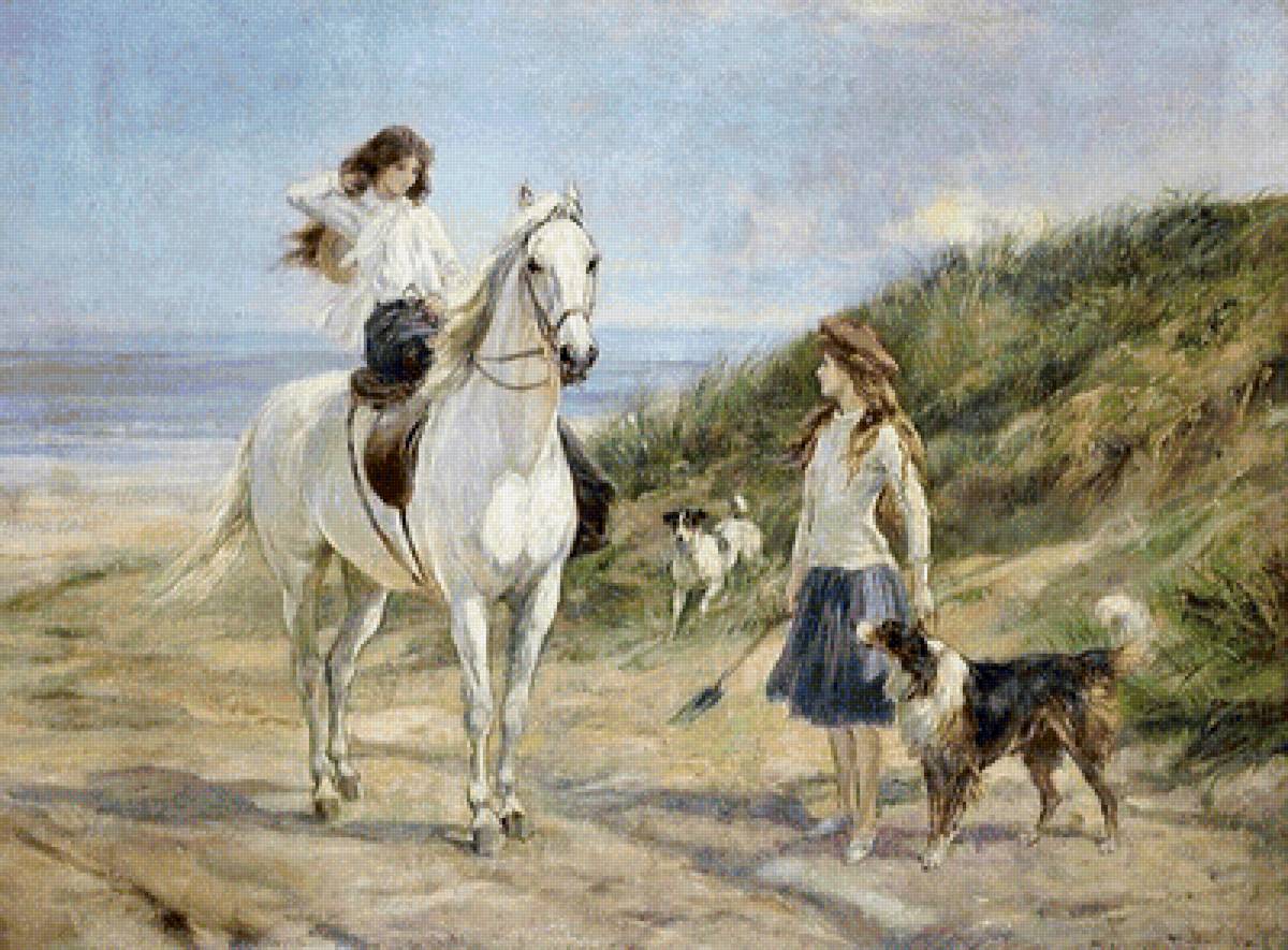 Утреняя прогулка - живопись, природа, картина, люди, животные - предпросмотр