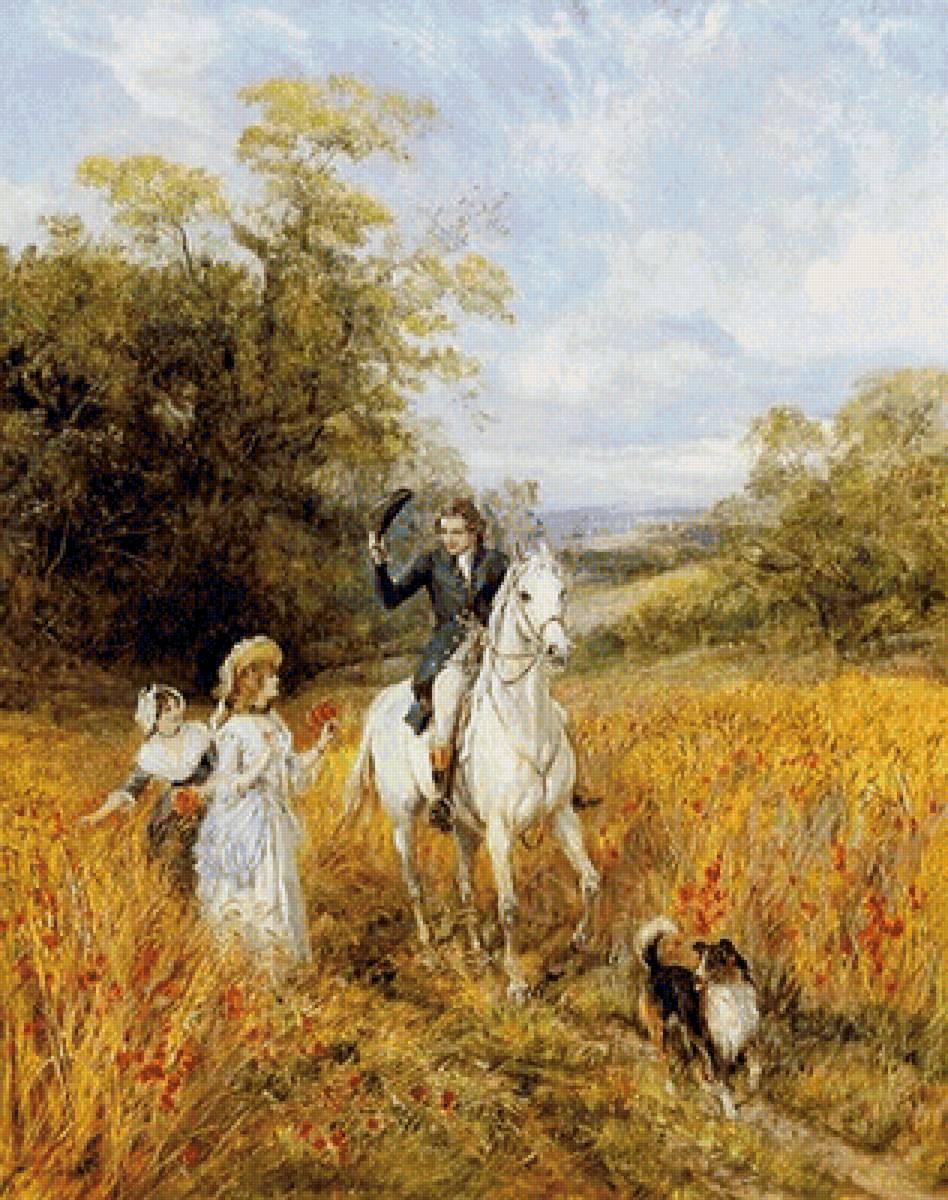 Прогулка - живопись, животные, природа, люди, картина - предпросмотр