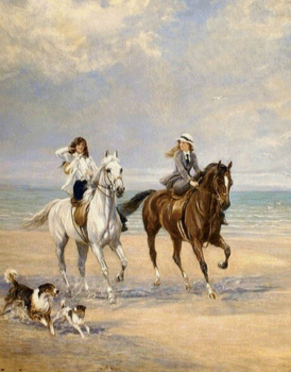 Утреняя прогулка - природа, лошади, живопись, животные, картина, люди - предпросмотр