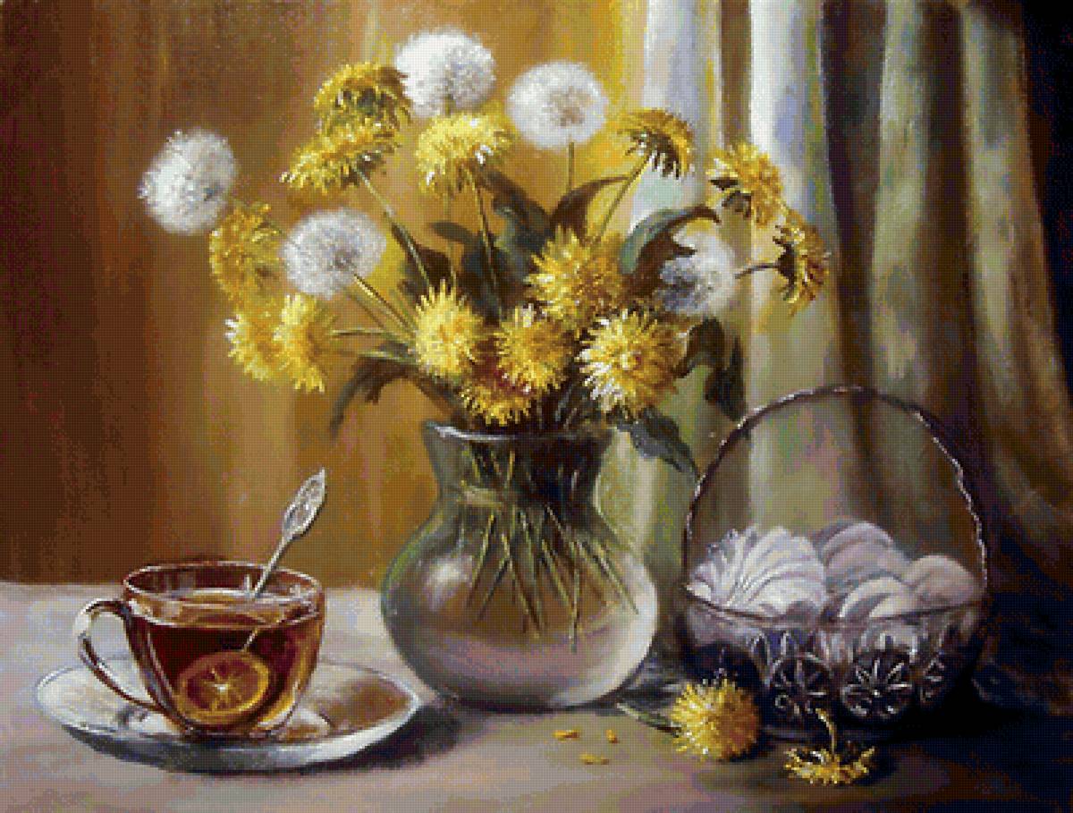 Натюрморт с одуванчиками - одуванчики, чай, зефир, букет - предпросмотр