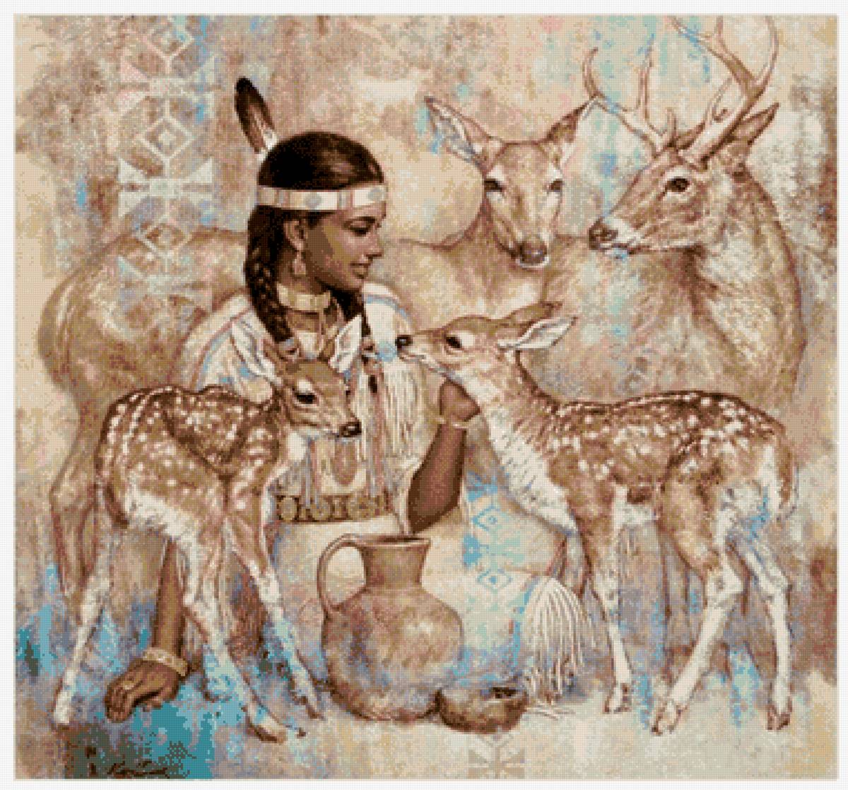 индейцы12 - девушка, индейцы, косули - предпросмотр