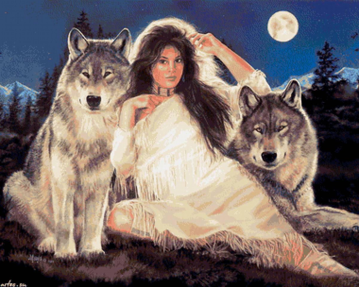 индейцы17 - девушка, индейцы, волки - предпросмотр