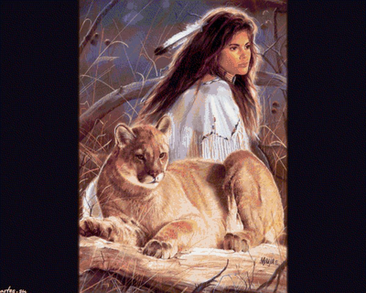 индейцы20 - девушка, индейцы, пума - предпросмотр