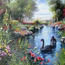 Схема вышивки «Черные лебеди на пруду»