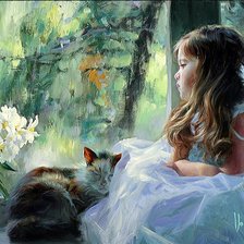 Схема вышивки «Девочка с котенком»