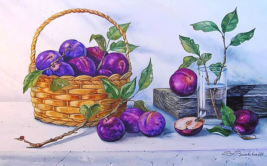 По картине В.Валевской. Натюрморт со сливами. - живопись., сливы, натюрморт, пчела - оригинал