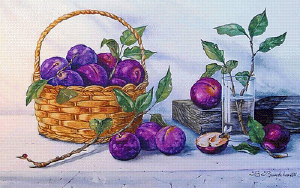 По картине В.Валевской. Натюрморт со сливами. - сливы, живопись., пчела, натюрморт - предпросмотр