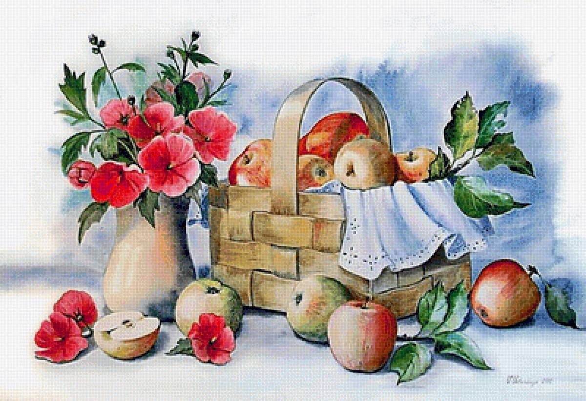 По картине В.Валевской. Натюпморт. - цветы, натюрморт, яблоки, живопись. - предпросмотр