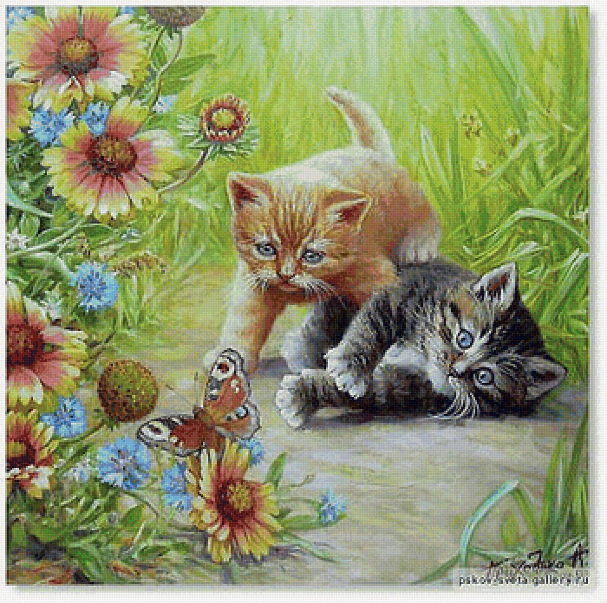 Котята и бабочка - котята, бабочки, животные - предпросмотр