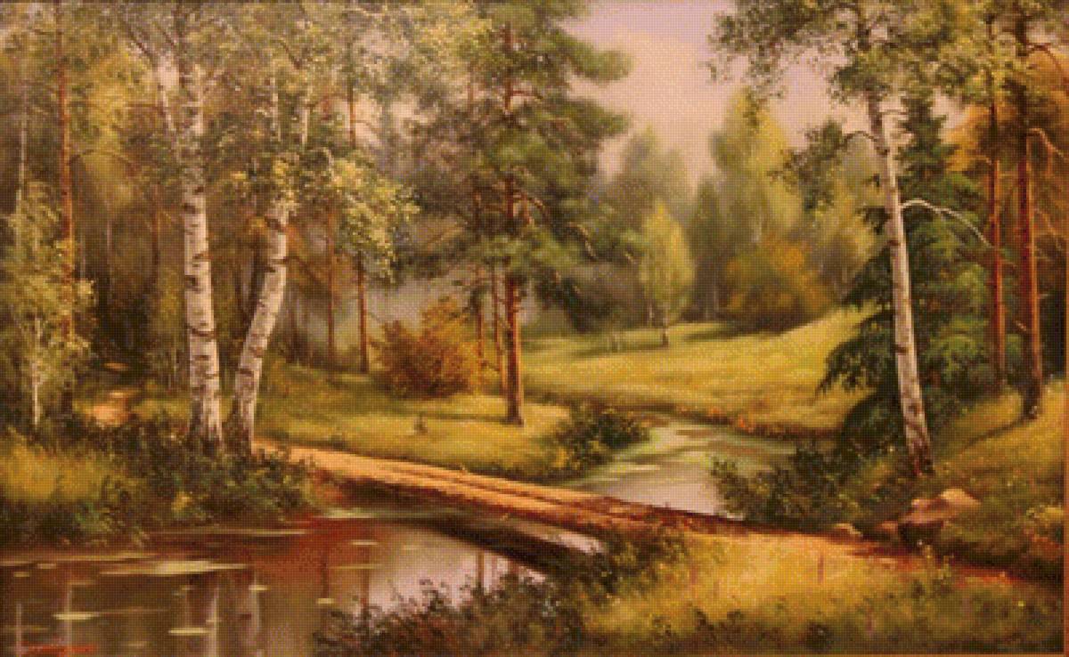 Летний пейзаж - лес, мостик, пейзаж, река - предпросмотр