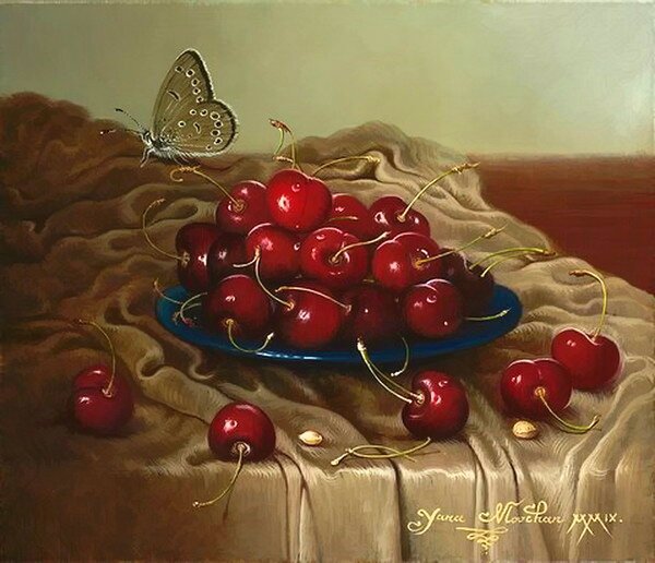 Вишни и бабочка - натюрморт - оригинал