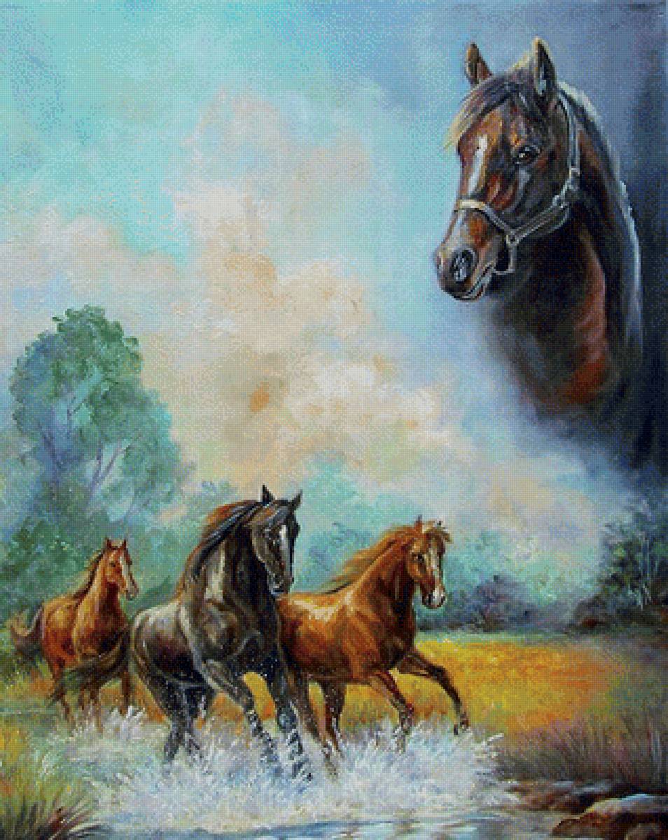 Лошади - пейзаж, лошади, река, природа - предпросмотр