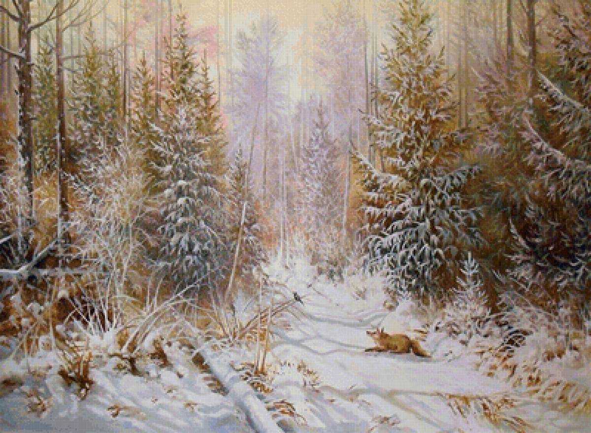 В зимнем лесу - птица, лиса, лес, зима, животные - предпросмотр