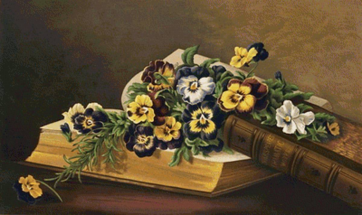 Композиция с книгой - анютиные глазки, цветы, книга - предпросмотр