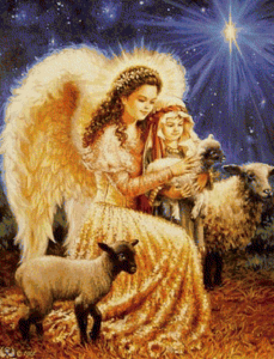 Под Рождественской звездой - ангел, овечки, рождество - предпросмотр