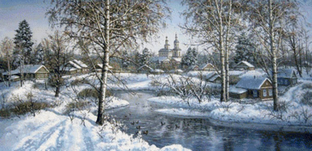 Худ. Хананин Деревенский пейзаж - природа, снег, река, пейзаж, зима - предпросмотр