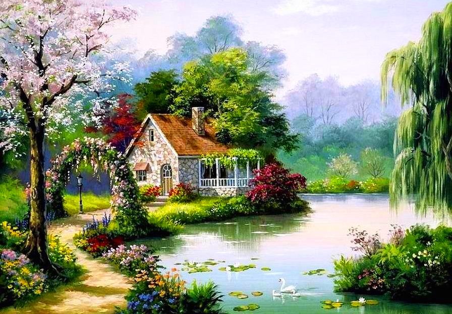 дом у воды - картина, пейзаж, природа - оригинал