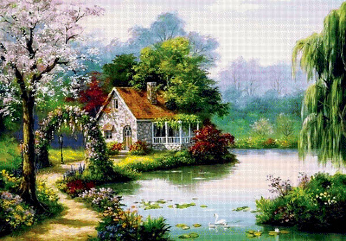 дом у воды - пейзаж, картина, природа - предпросмотр